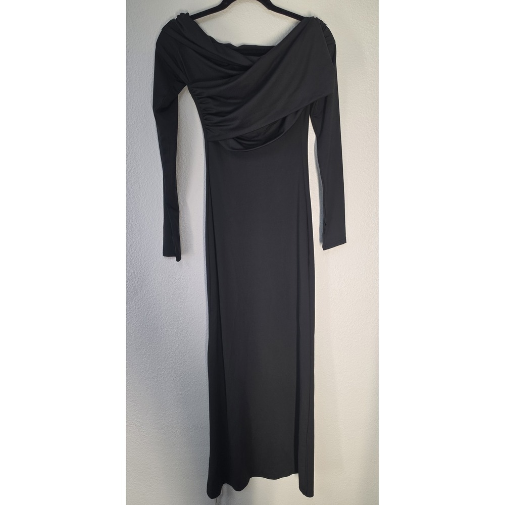 NWT Commense Black Collared Maxi Dress Size S Formal Long Sleeve Solid Bodycon